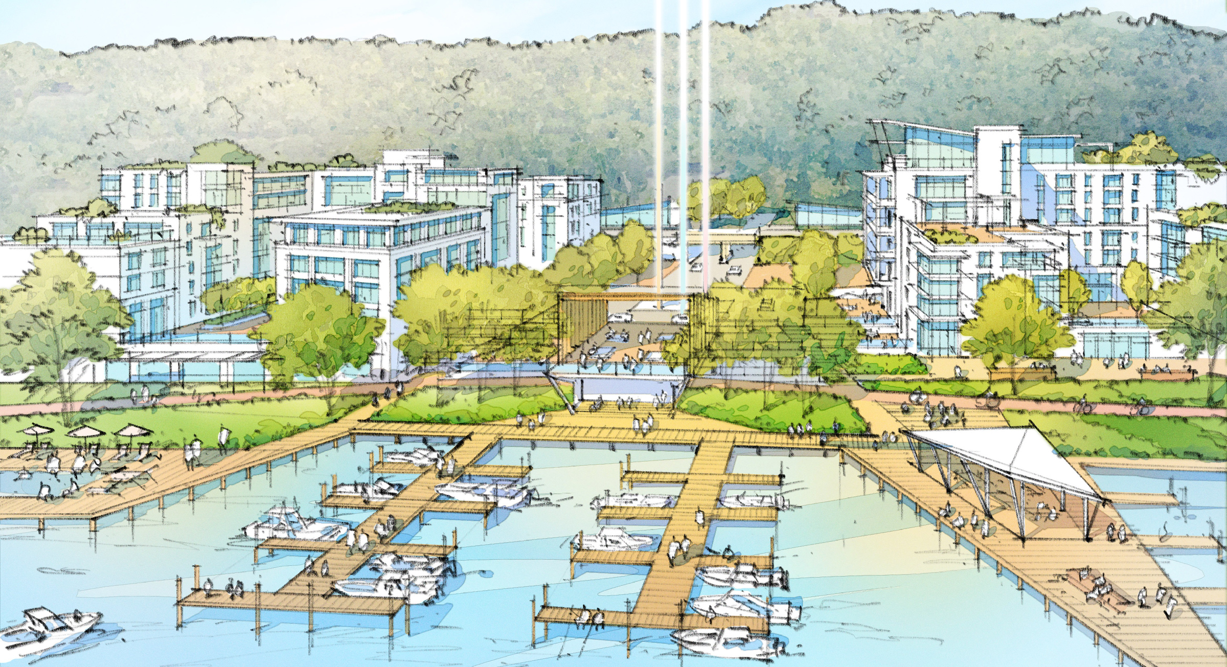 Rendering of the riverfront at night