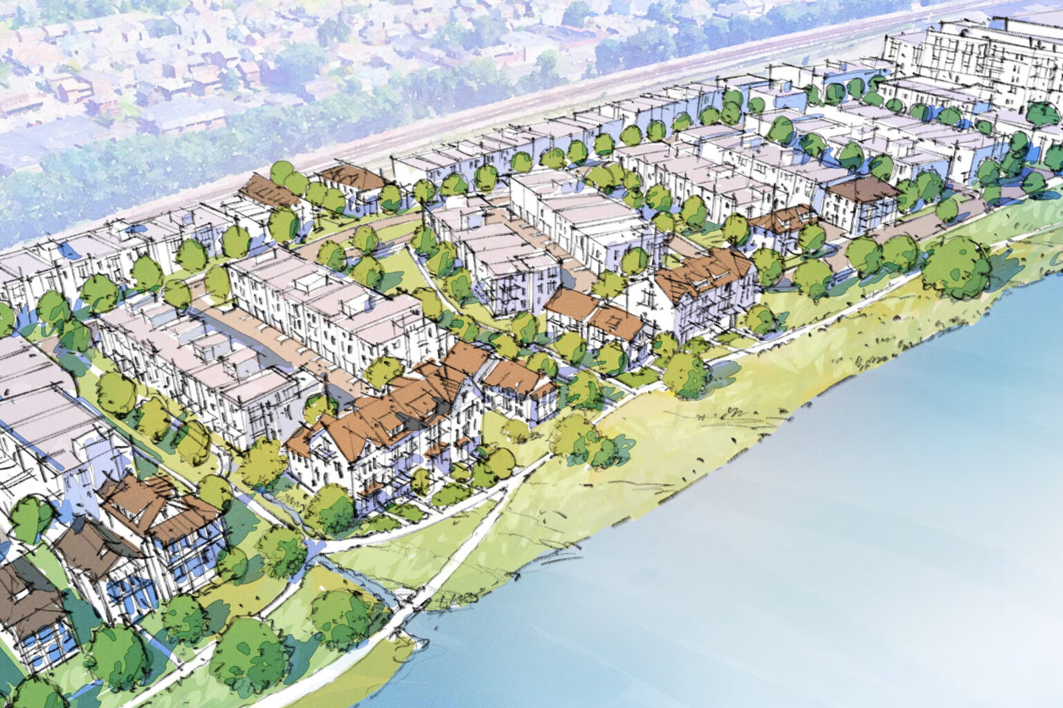 Rendering of the riverside commons