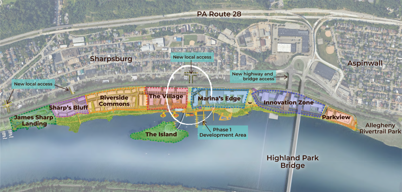 Master plan overlay of the site: districts from James Sharp Landing to Parkview, with new local access points and Route 28 connections